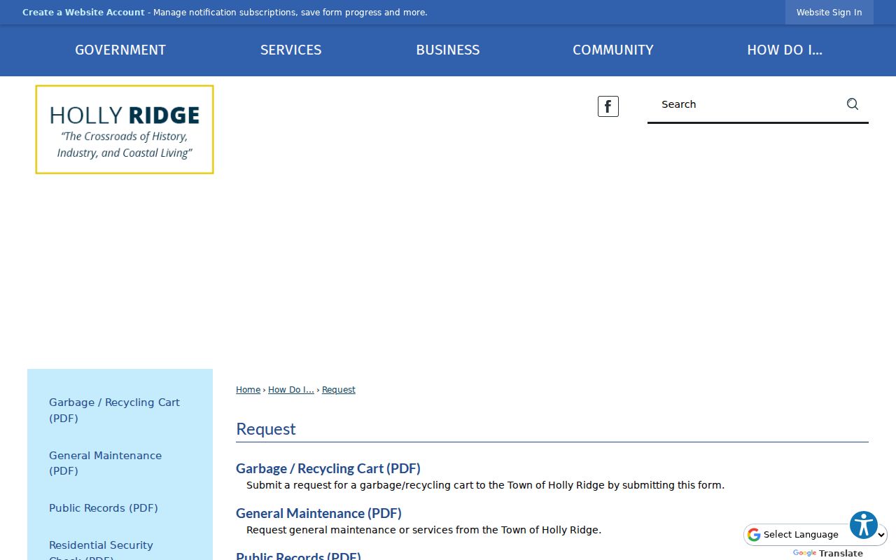 Holly Ridge public records information request page