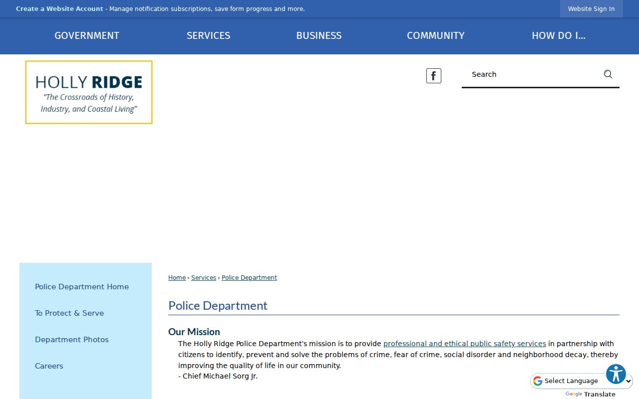 Holly Ridge Police Department official information page