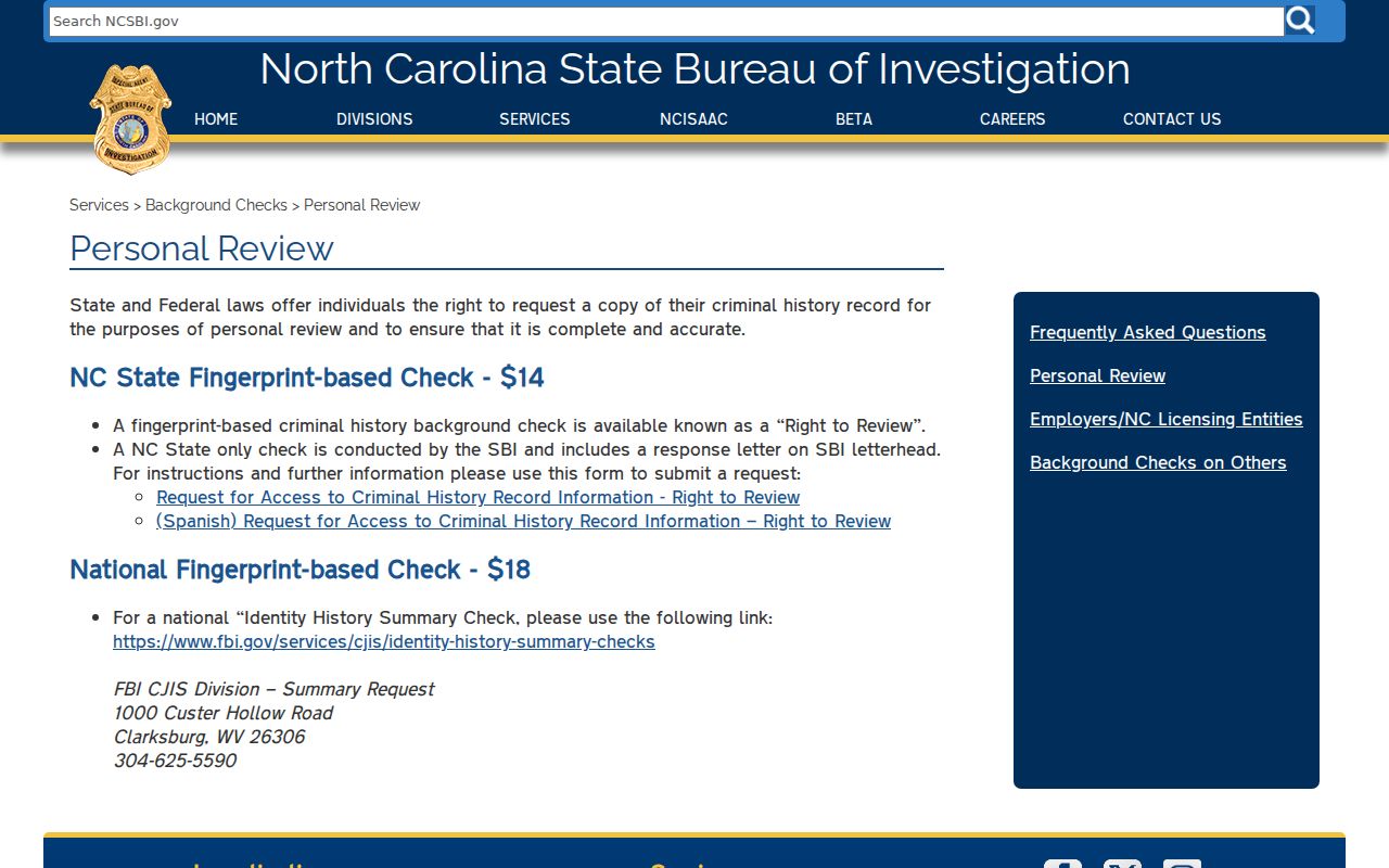 Onslow County criminal history SBI Right to Review instructions