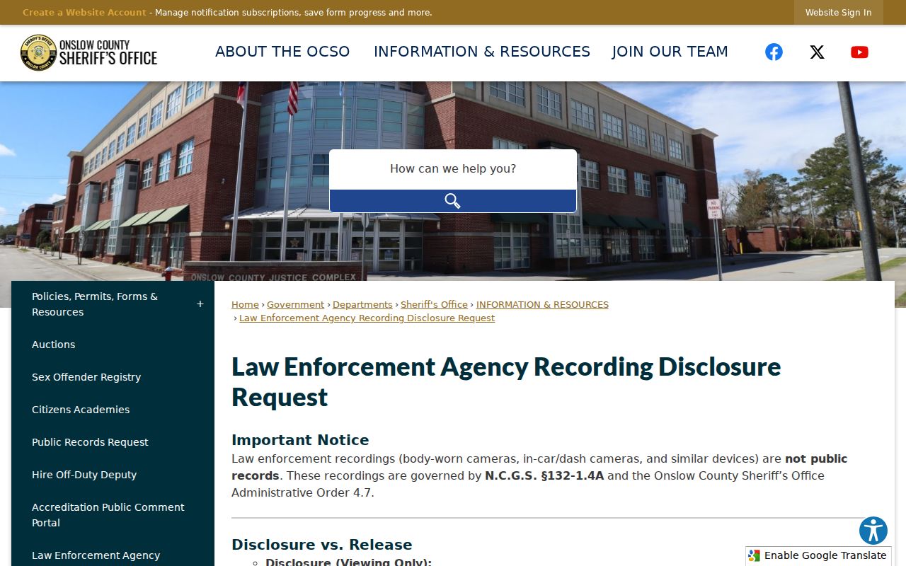 Onslow County criminal history camera recording disclosure form